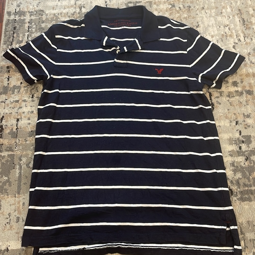 AE Slim Fit/Coups Ajustee Navy stripe Polo Shirt in Size L 💯 cotton - Picture 3 of 6